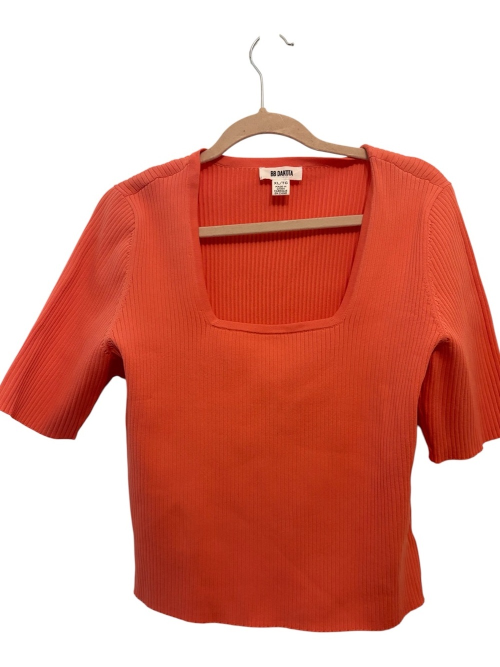 BB Dakota Coral-Orange Ribbed Square Neck Short Sleeve Top